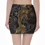 Golden Spiritual Koi Fish Print Pencil Mini Skirt