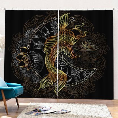 Golden Spiritual Koi Fish Print Pencil Pleat Curtains