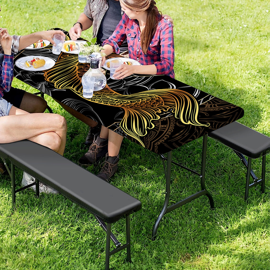 Golden Spiritual Koi Fish Print Picnic Table Cover