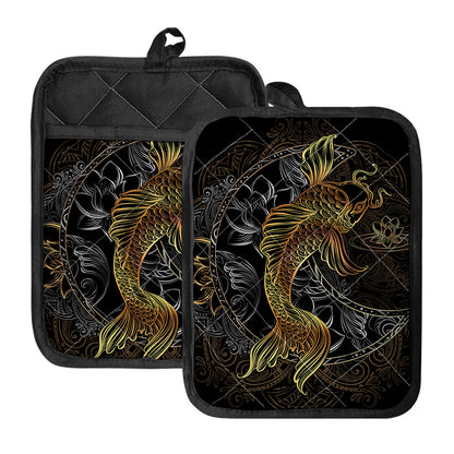 Golden Spiritual Koi Fish Print Pot Holders With Pocket