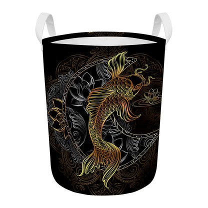 Golden Spiritual Koi Fish Print Round Laundry Basket