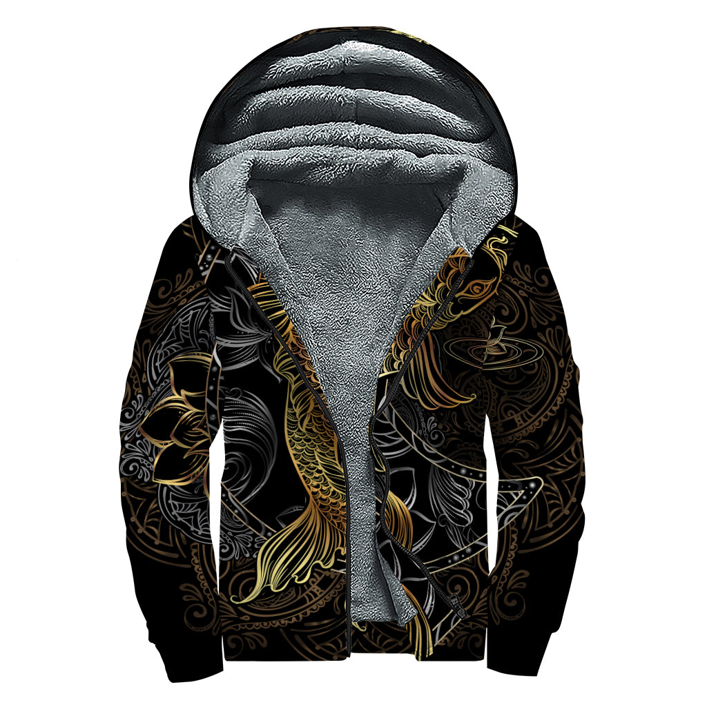 Golden Spiritual Koi Fish Print Sherpa Lined Zip Up Hoodie