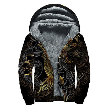 Golden Spiritual Koi Fish Print Sherpa Lined Zip Up Hoodie