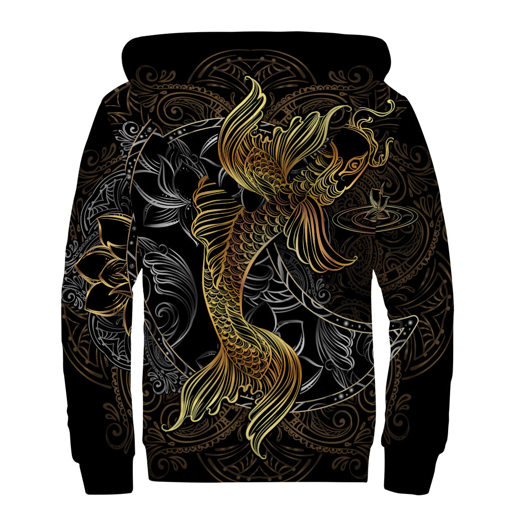 Golden Spiritual Koi Fish Print Sherpa Lined Zip Up Hoodie