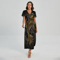 Golden Spiritual Koi Fish Print Short Sleeve Maxi Dress