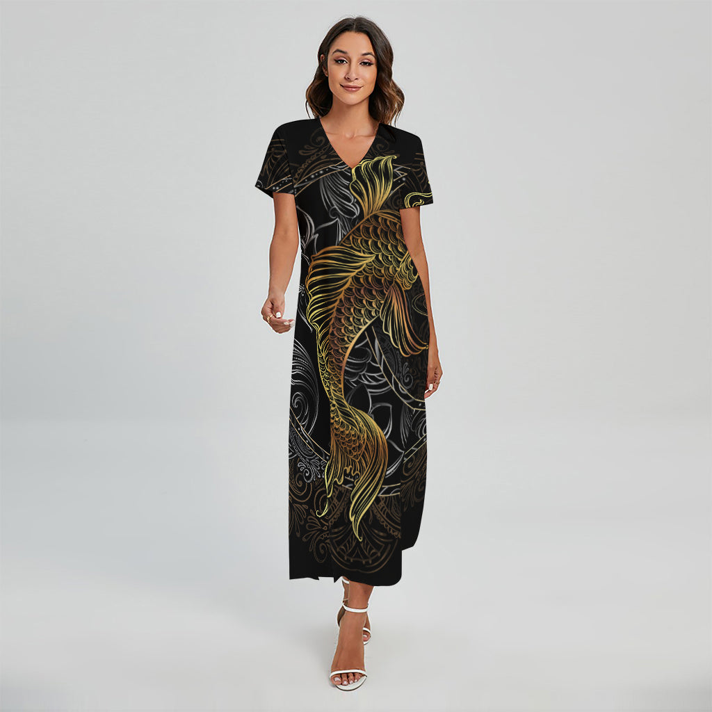 Golden Spiritual Koi Fish Print Short Sleeve Maxi Dress