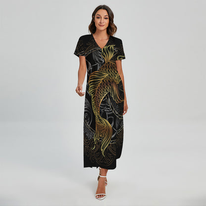 Golden Spiritual Koi Fish Print Short Sleeve Maxi Dress