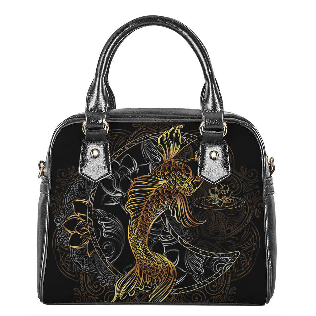 Golden Spiritual Koi Fish Print Shoulder Handbag