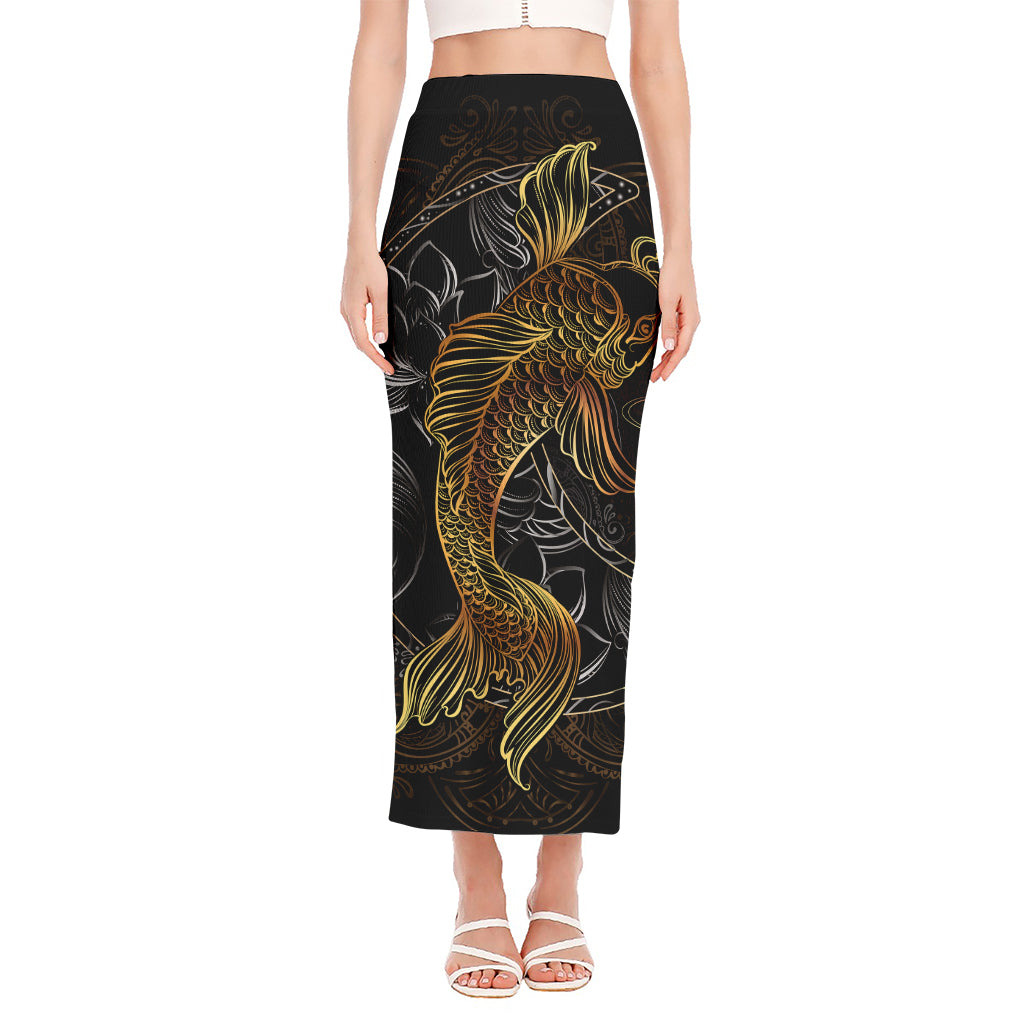 Golden Spiritual Koi Fish Print Side Slit Maxi Skirt