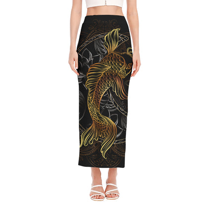 Golden Spiritual Koi Fish Print Side Slit Maxi Skirt