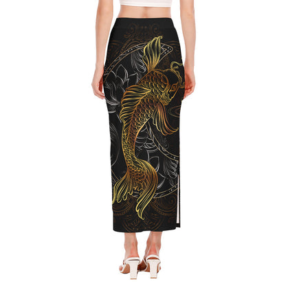 Golden Spiritual Koi Fish Print Side Slit Maxi Skirt