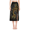 Golden Spiritual Koi Fish Print Side Slit Midi Skirt