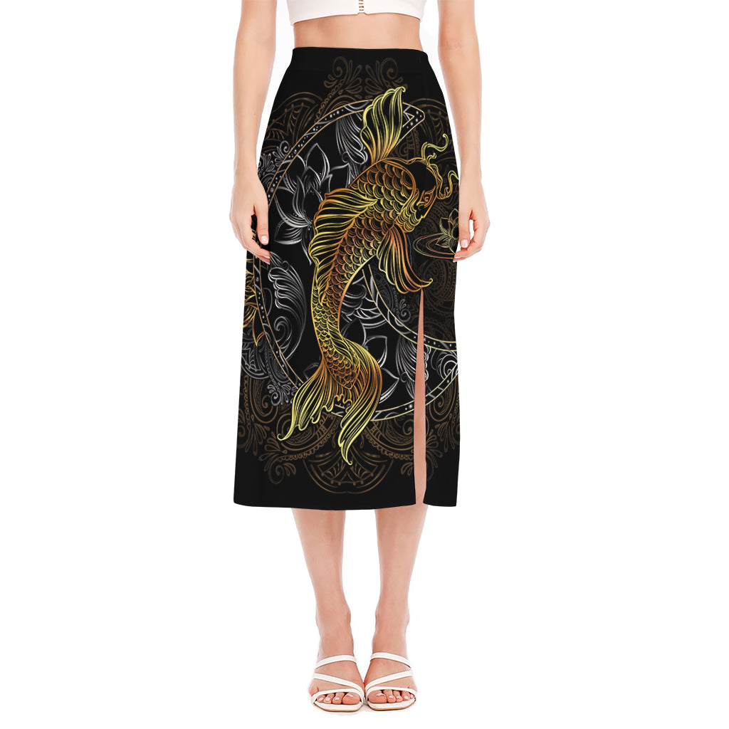 Golden Spiritual Koi Fish Print Side Slit Midi Skirt