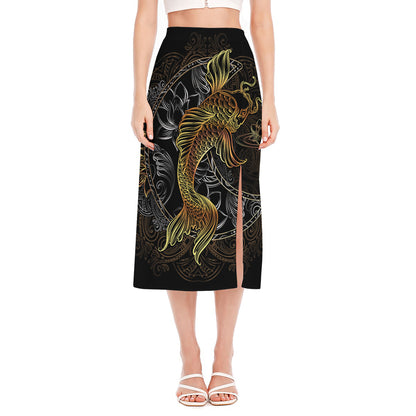 Golden Spiritual Koi Fish Print Side Slit Midi Skirt