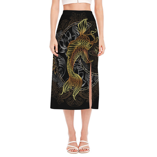 Golden Spiritual Koi Fish Print Side Slit Midi Skirt