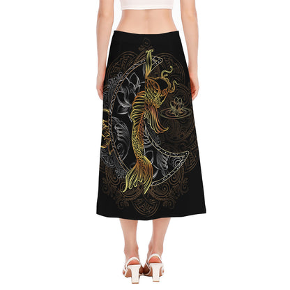 Golden Spiritual Koi Fish Print Side Slit Midi Skirt