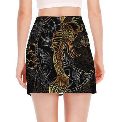 Golden Spiritual Koi Fish Print Side Slit Mini Skirt