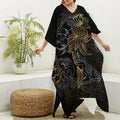 Golden Spiritual Koi Fish Print Silk V-Neck Kaftan Dress