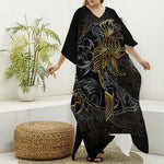 Golden Spiritual Koi Fish Print Silk V-Neck Kaftan Dress
