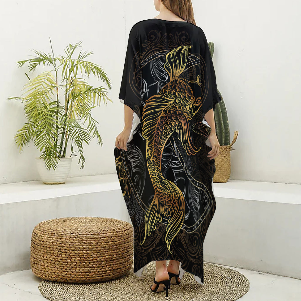 Golden Spiritual Koi Fish Print Silk V-Neck Kaftan Dress