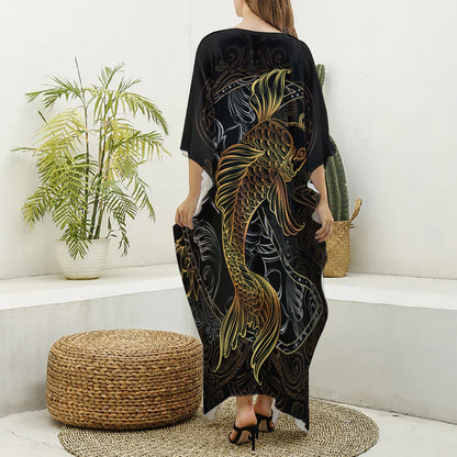 Golden Spiritual Koi Fish Print Silk V-Neck Kaftan Dress