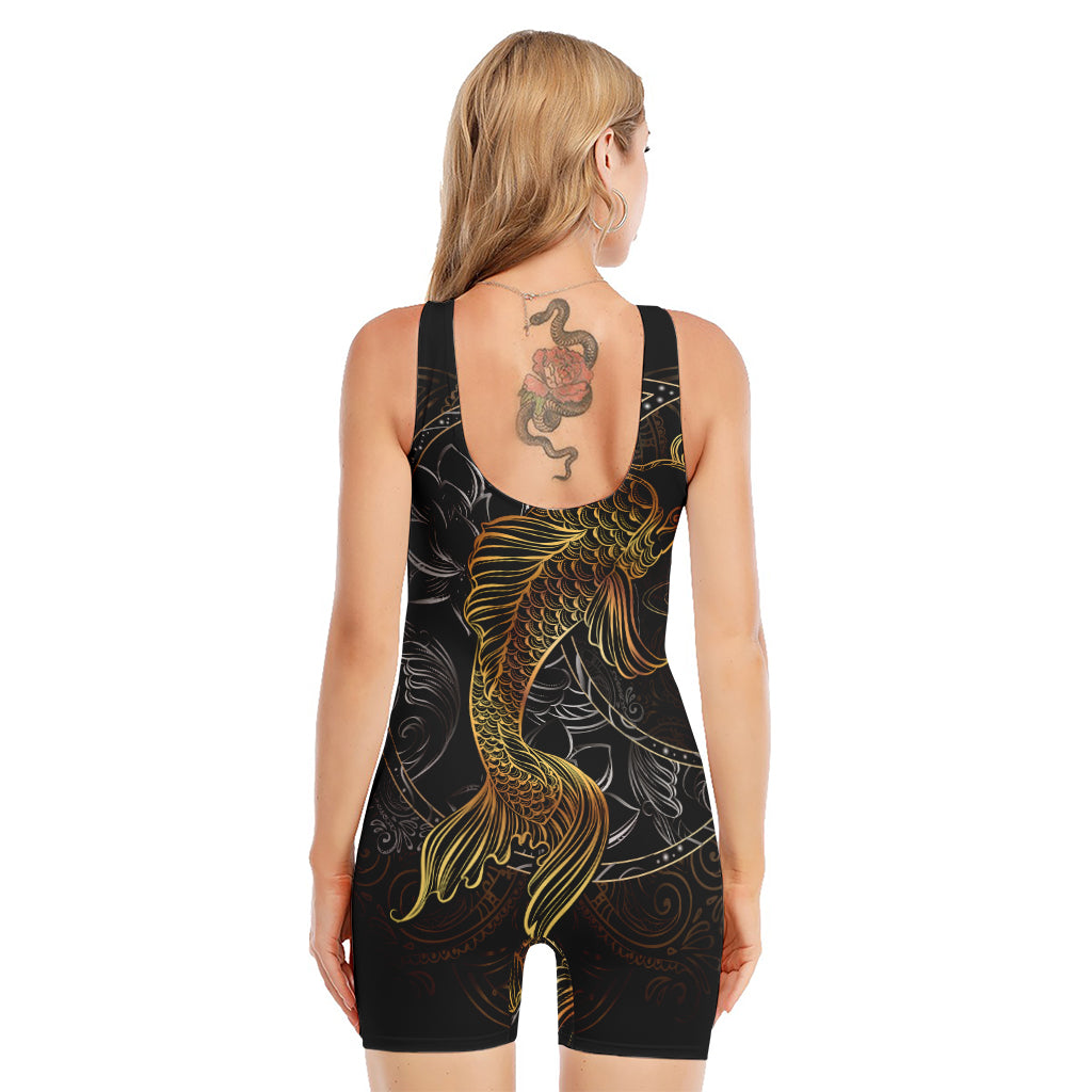 Golden Spiritual Koi Fish Print Sleeveless One Piece Swimsuit