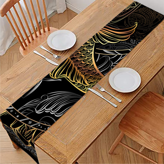Golden Spiritual Koi Fish Print Table Runner