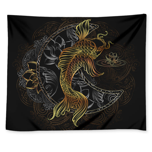 Golden Spiritual Koi Fish Print Tapestry