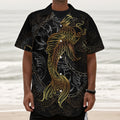 Golden Spiritual Koi Fish Print Textured Short Sleeve Shirt