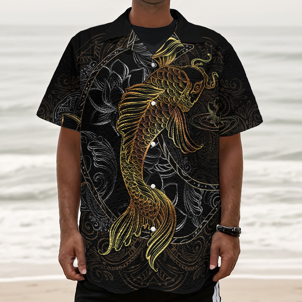 Golden Spiritual Koi Fish Print Textured Short Sleeve Shirt