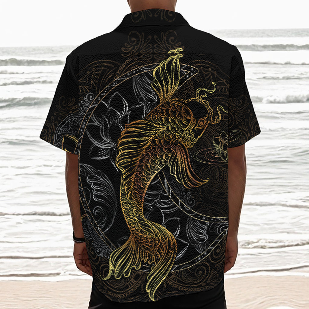 Golden Spiritual Koi Fish Print Textured Short Sleeve Shirt