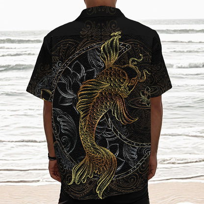 Golden Spiritual Koi Fish Print Textured Short Sleeve Shirt