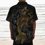 Golden Spiritual Koi Fish Print Textured Short Sleeve Shirt