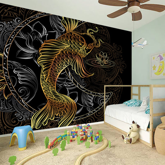 Golden Spiritual Koi Fish Print Wall Sticker