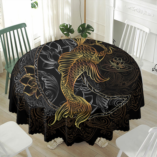 Golden Spiritual Koi Fish Print Waterproof Round Tablecloth