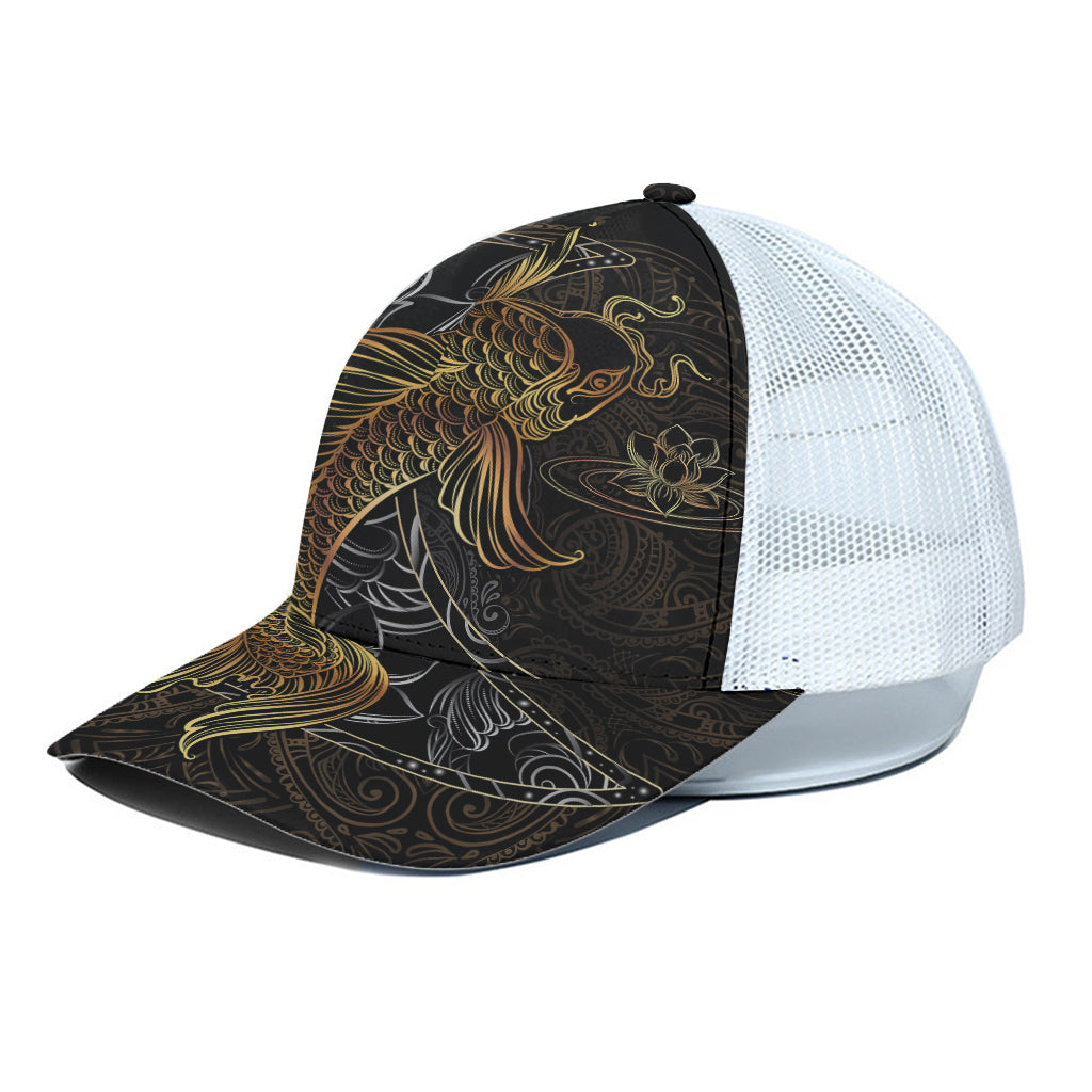 Golden Spiritual Koi Fish Print White Mesh Trucker Cap