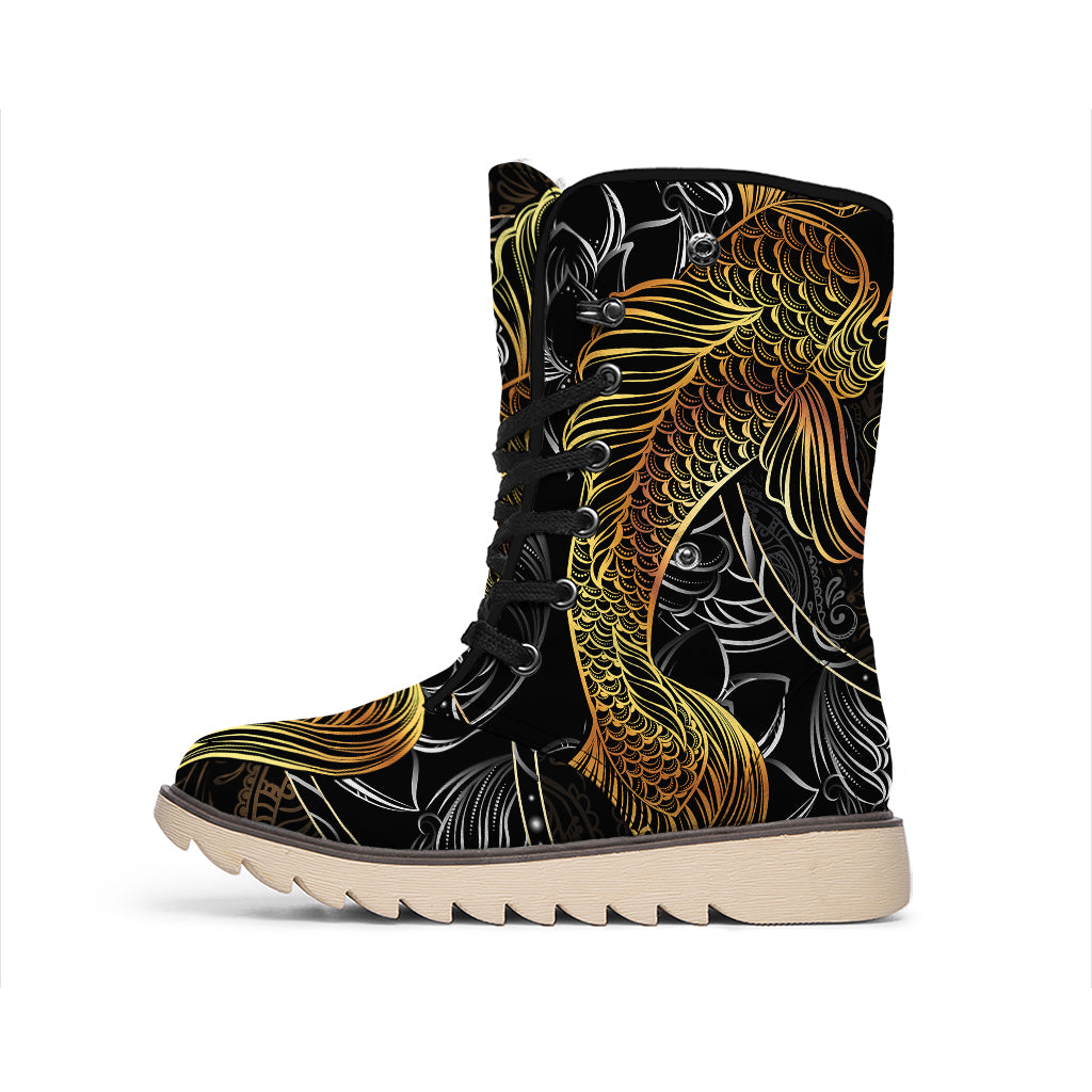 Golden Spiritual Koi Fish Print Winter Boots