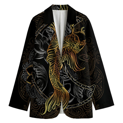 Golden Spiritual Koi Fish Print Women's Blazer