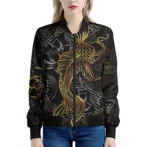 Golden Spiritual Koi Fish Print Women's Bomber Jacket