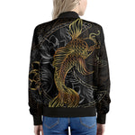 Golden Spiritual Koi Fish Print Women's Bomber Jacket