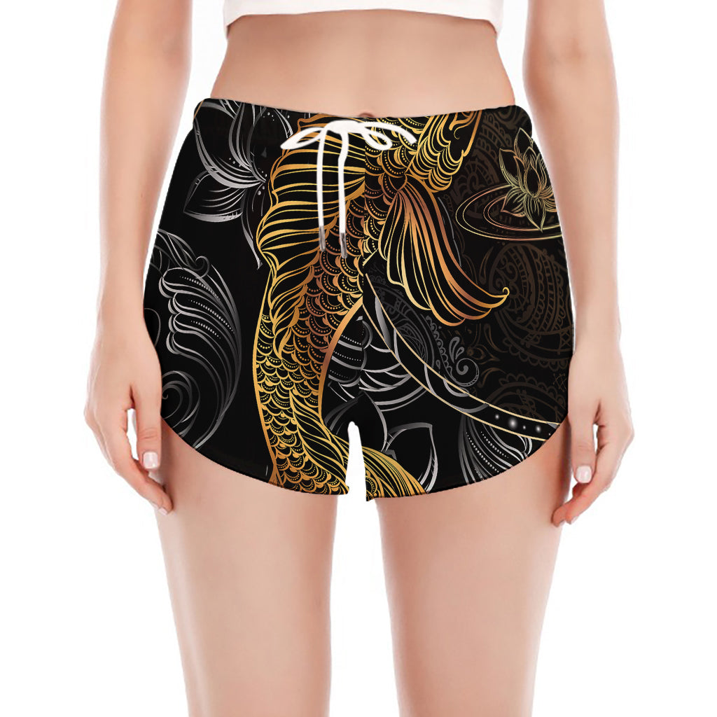 Golden Spiritual Koi Fish Print Women's Split Running Shorts