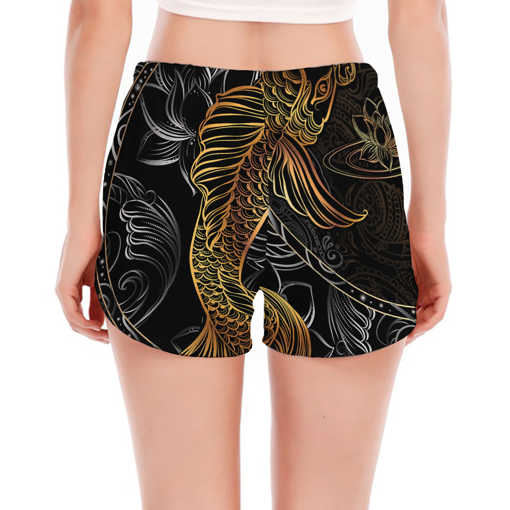 Golden Spiritual Koi Fish Print Women's Split Running Shorts