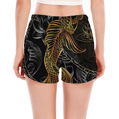 Golden Spiritual Koi Fish Print Women's Split Running Shorts