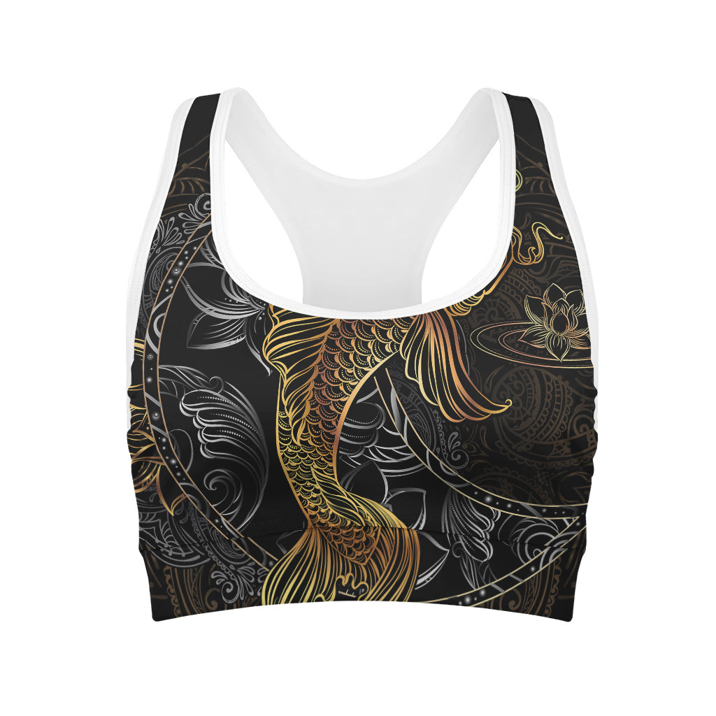 Golden Spiritual Koi Fish Print Women's Sports Bra