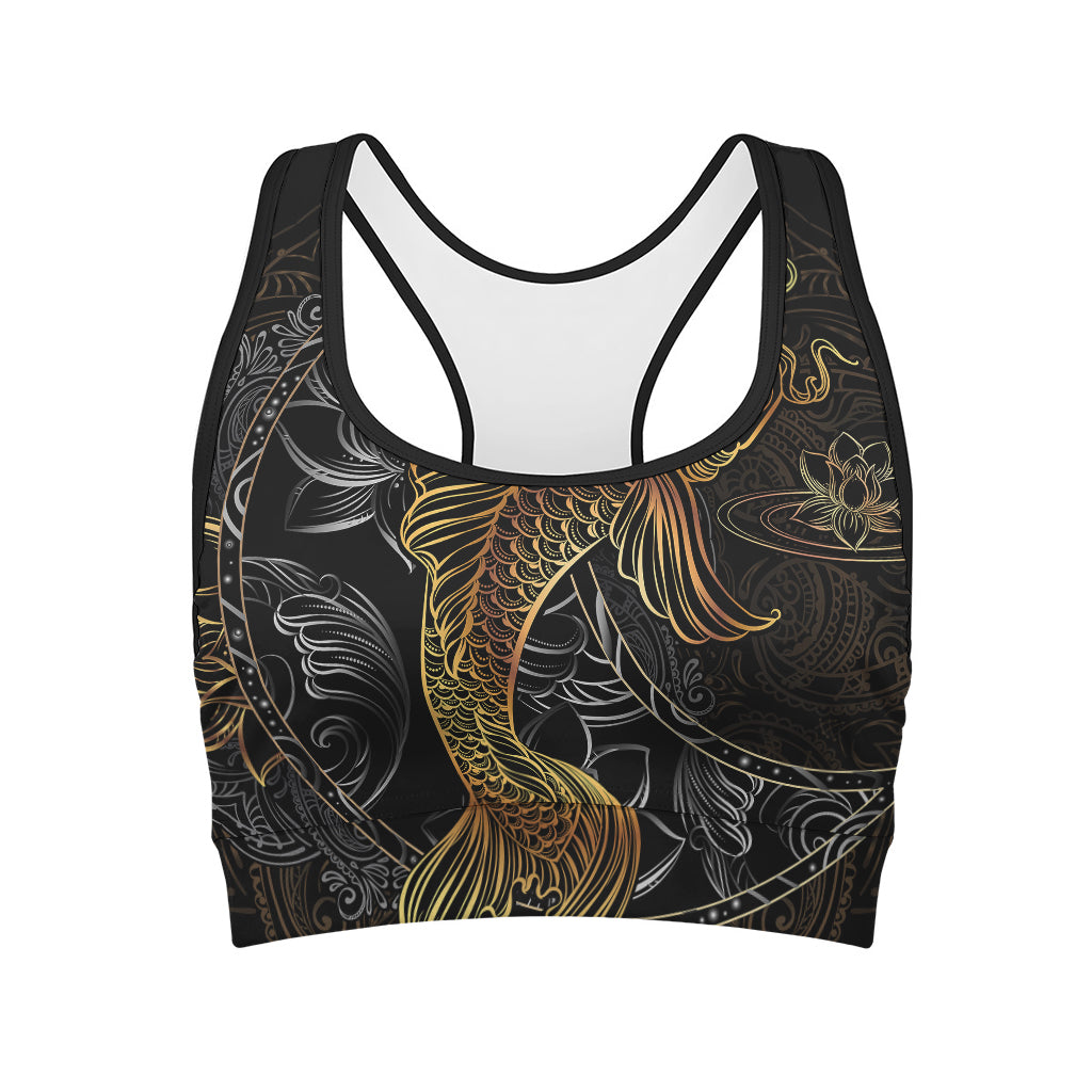 Golden Spiritual Koi Fish Print Women's Sports Bra
