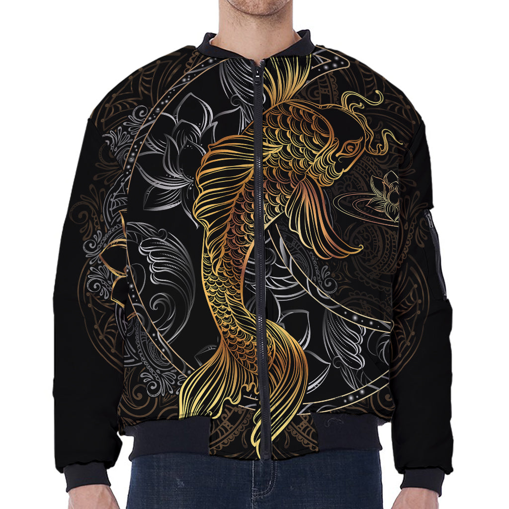 Golden Spiritual Koi Fish Print Zip Sleeve Bomber Jacket