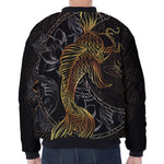 Golden Spiritual Koi Fish Print Zip Sleeve Bomber Jacket