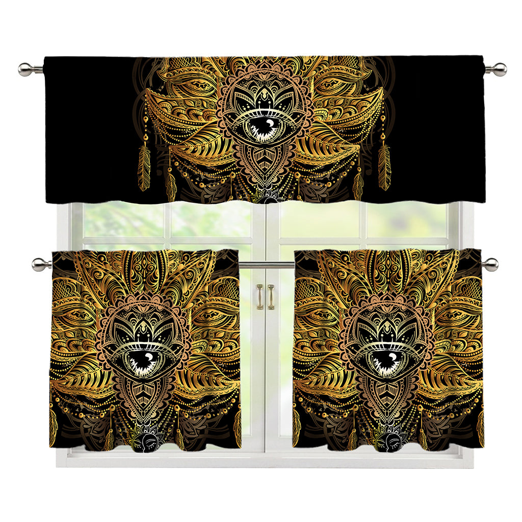 Golden Spiritual Lotus Print 3 Piece Kitchen Curtains
