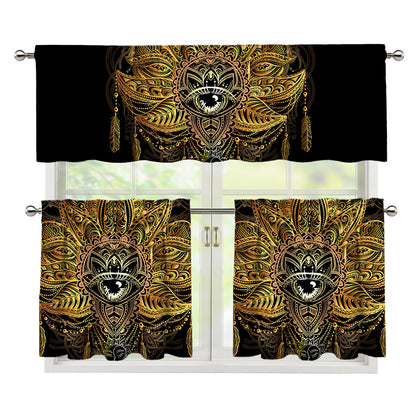 Golden Spiritual Lotus Print 3 Piece Kitchen Curtains