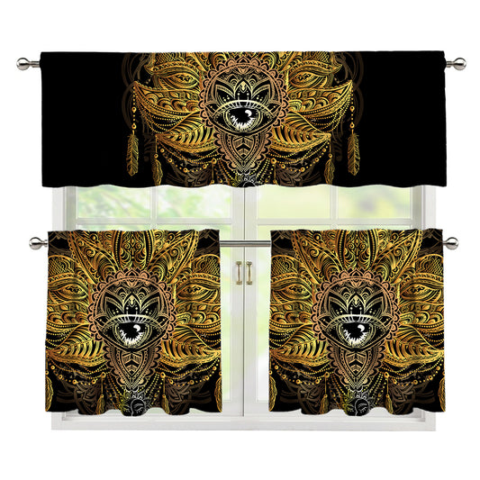 Golden Spiritual Lotus Print 3 Piece Kitchen Curtains